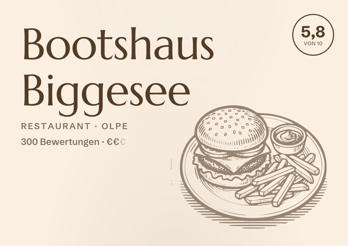 Illustriertes Poster von Bootshaus Biggesee, Restaurant in Olpe: Bewertung 5,8 von 10 aus 300 Bewertungen, Preisniveau €€