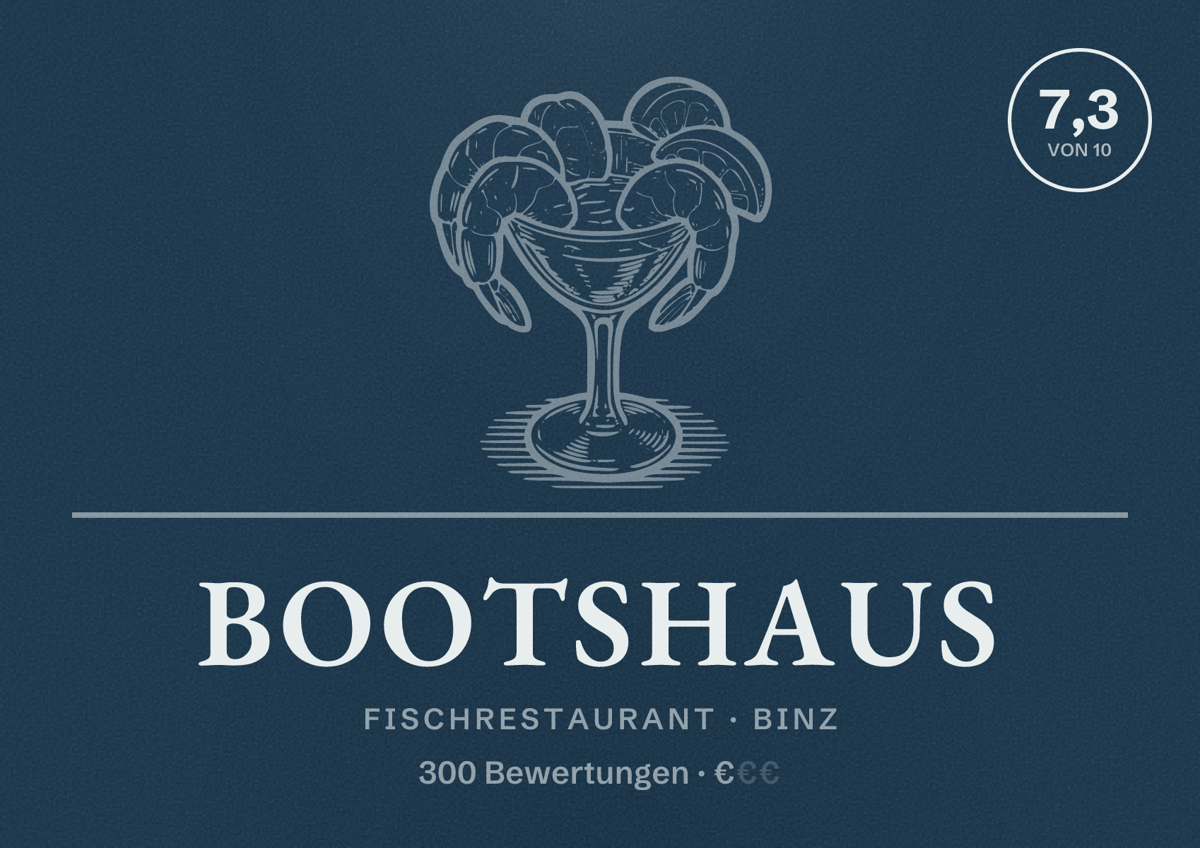 Illustriertes Poster von Bootshaus, Fischrestaurant in Binz: Bewertung 7,3 von 10 aus 300 Bewertungen, Preisniveau €