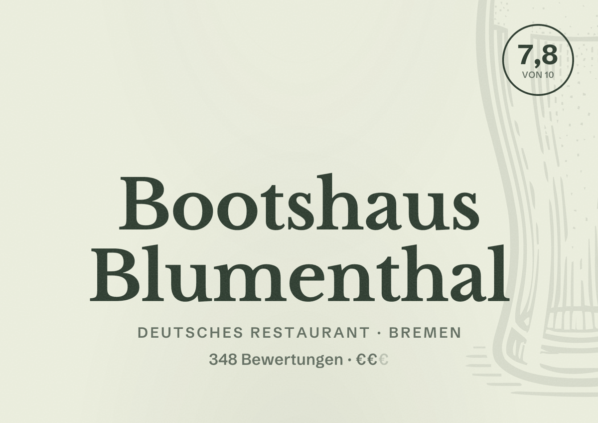 Illustriertes Poster von Bootshaus Blumenthal, Deutsches Restaurant in Bremen: Bewertung 7,8 von 10 aus 348 Bewertungen, Preisniveau €€