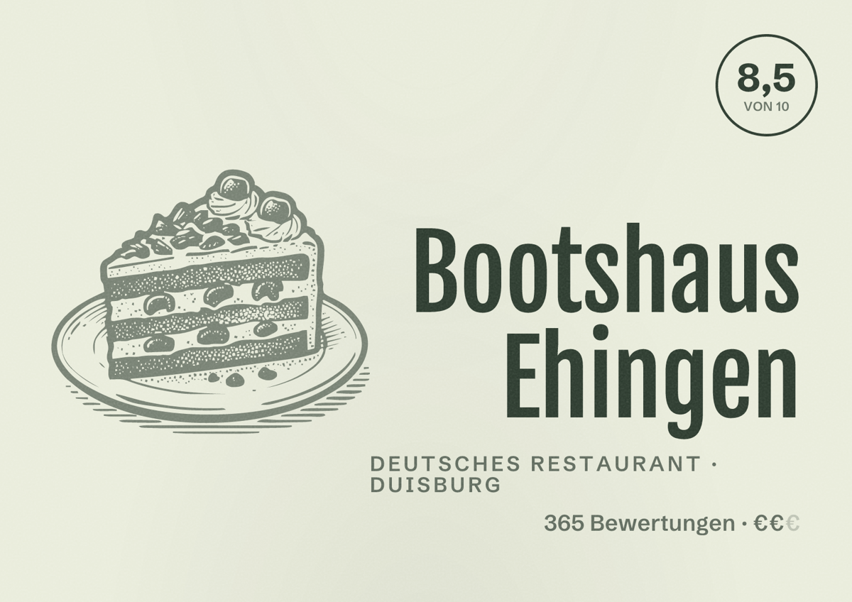 Illustriertes Poster von Bootshaus Ehingen, Deutsches Restaurant in Duisburg: Bewertung 8,5 von 10 aus 365 Bewertungen, Preisniveau €€