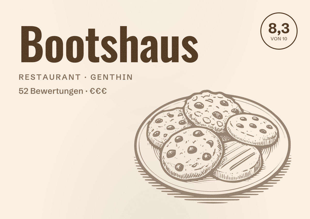 Illustriertes Poster von Bootshaus, Restaurant in Genthin: Bewertung 8,3 von 10 aus 52 Bewertungen, Preisniveau €€€