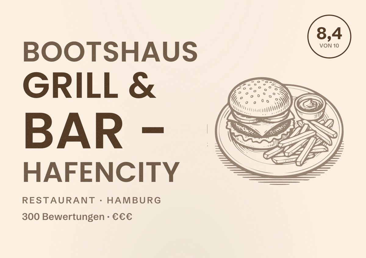 Illustriertes Poster von Bootshaus Grill & Bar - Hafencity, Restaurant in Hamburg: Bewertung 8,4 von 10 aus 300 Bewertungen, Preisniveau €€€