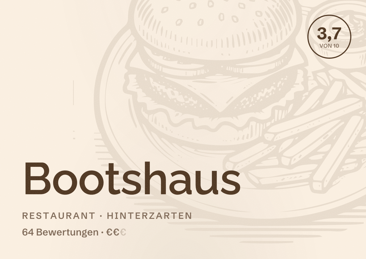 Illustriertes Poster von Bootshaus, Restaurant in Hinterzarten: Bewertung 3,7 von 10 aus 64 Bewertungen, Preisniveau €€