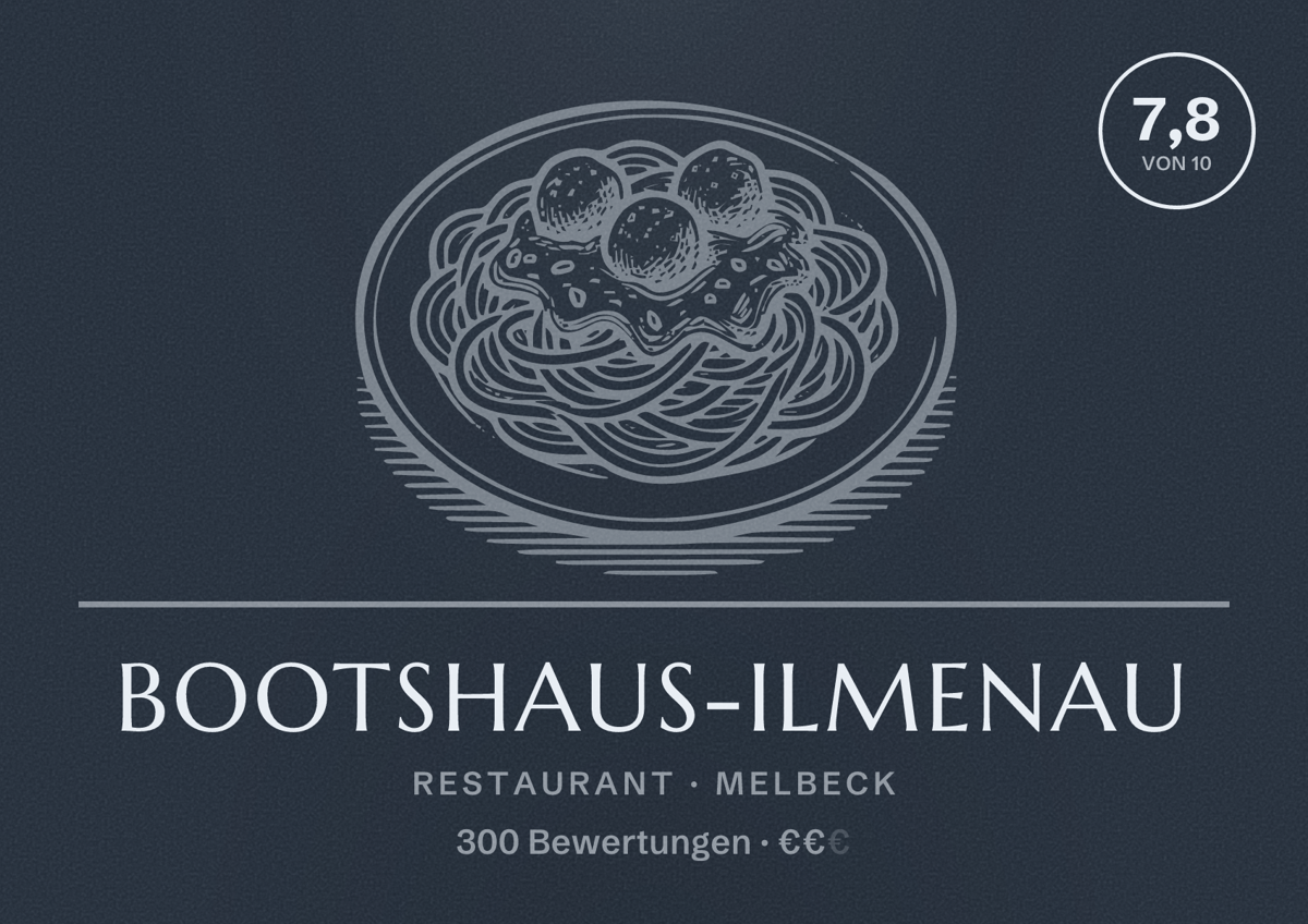 Illustriertes Poster von Bootshaus-Ilmenau, Restaurant in Melbeck: Bewertung 7,8 von 10 aus 300 Bewertungen, Preisniveau €€
