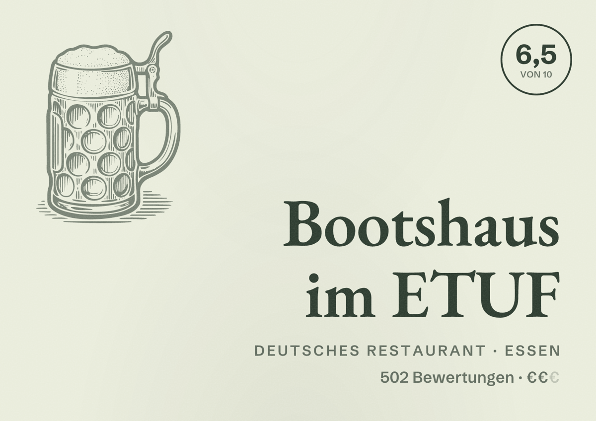 Illustriertes Poster von Bootshaus im ETUF, Deutsches Restaurant in Essen: Bewertung 6,5 von 10 aus 502 Bewertungen, Preisniveau €€
