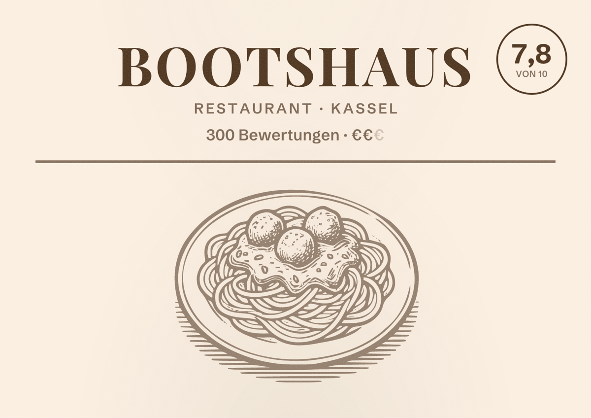 Illustriertes Poster von Bootshaus, Restaurant in Kassel: Bewertung 7,8 von 10 aus 300 Bewertungen, Preisniveau €€