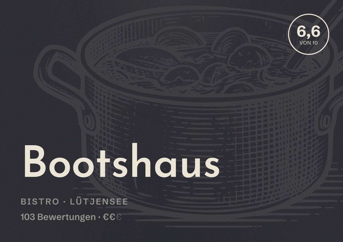 Illustriertes Poster von Bootshaus, Bistro in Lütjensee: Bewertung 6,6 von 10 aus 103 Bewertungen, Preisniveau €€