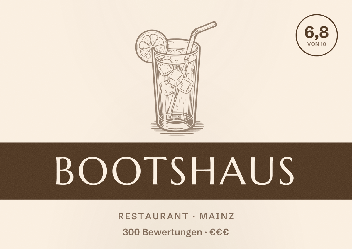 Illustriertes Poster von Bootshaus, Restaurant in Mainz: Bewertung 6,8 von 10 aus 300 Bewertungen, Preisniveau €€€