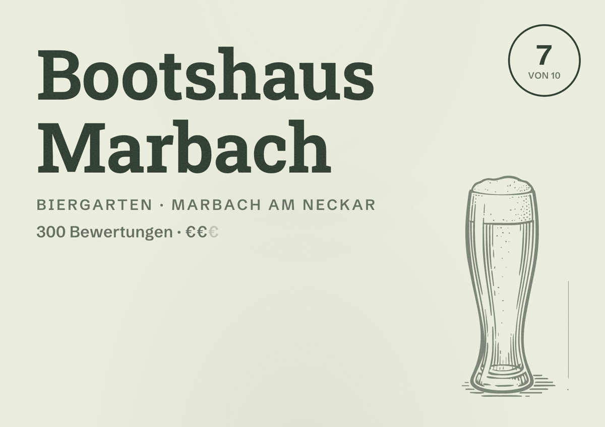 Illustriertes Poster von Bootshaus Marbach, Biergarten in Marbach am Neckar: Bewertung 7 von 10 aus 300 Bewertungen, Preisniveau €€