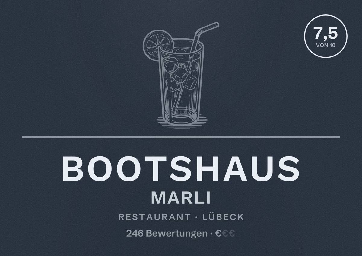 Illustriertes Poster von Bootshaus Marli, Restaurant in Lübeck: Bewertung 7,5 von 10 aus 246 Bewertungen, Preisniveau €