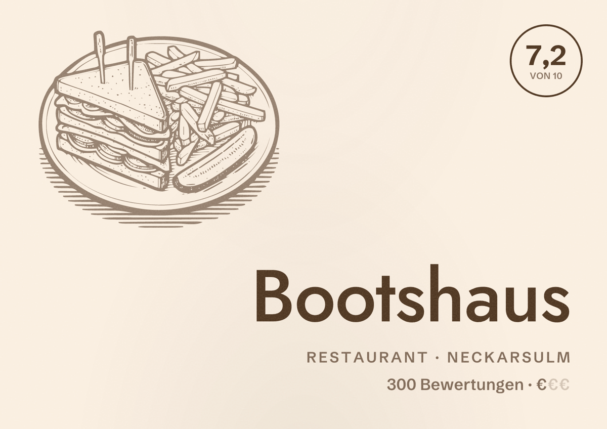 Illustriertes Poster von Bootshaus, Restaurant in Neckarsulm: Bewertung 7,2 von 10 aus 300 Bewertungen, Preisniveau €