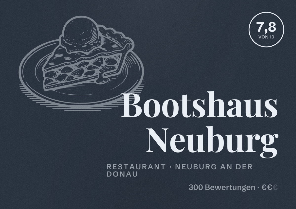 Illustriertes Poster von Bootshaus Neuburg, Restaurant in Neuburg an der Donau: Bewertung 7,8 von 10 aus 300 Bewertungen, Preisniveau €€