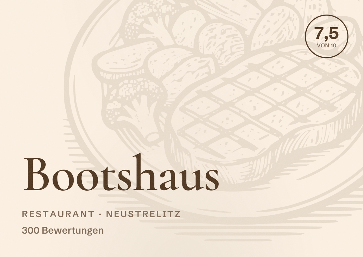 Illustriertes Poster von Bootshaus, Restaurant in Neustrelitz: Bewertung 7,5 von 10 aus 300 Bewertungen