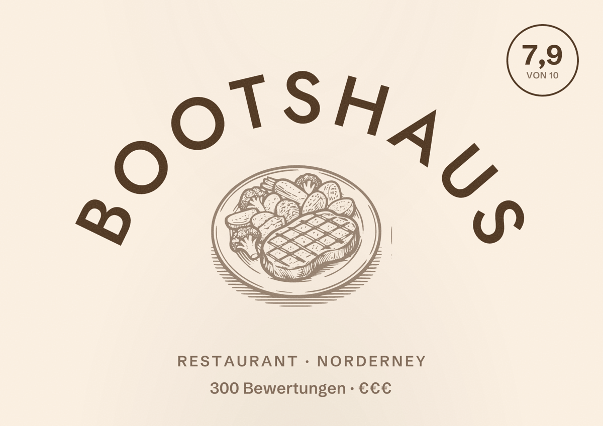 Illustriertes Poster von Bootshaus, Restaurant in Norderney: Bewertung 7,9 von 10 aus 300 Bewertungen, Preisniveau €€€
