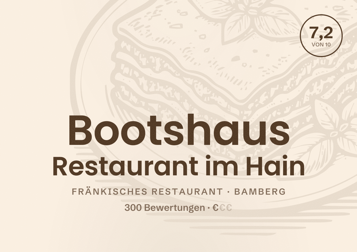 Illustriertes Poster von Bootshaus Restaurant im Hain, Fränkisches Restaurant in Bamberg: Bewertung 7,2 von 10 aus 300 Bewertungen, Preisniveau €