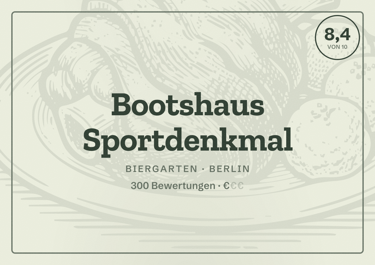 Illustriertes Poster von Bootshaus Sportdenkmal, Biergarten in Berlin: Bewertung 8,4 von 10 aus 300 Bewertungen, Preisniveau €