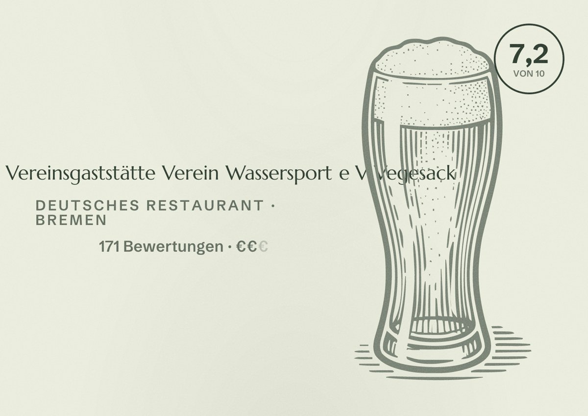 Illustriertes Poster von Bootshaus Vereinsgaststätte Verein Wassersport e V Vegesack, Deutsches Restaurant in Bremen: Bewertung 7,2 von 10 aus 171 Bewertungen, Preisniveau €€