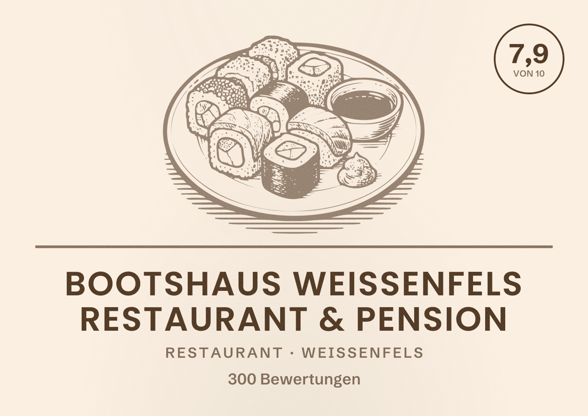 Illustriertes Poster von Bootshaus Weissenfels Restaurant & Pension, Restaurant in Weißenfels: Bewertung 7,9 von 10 aus 300 Bewertungen