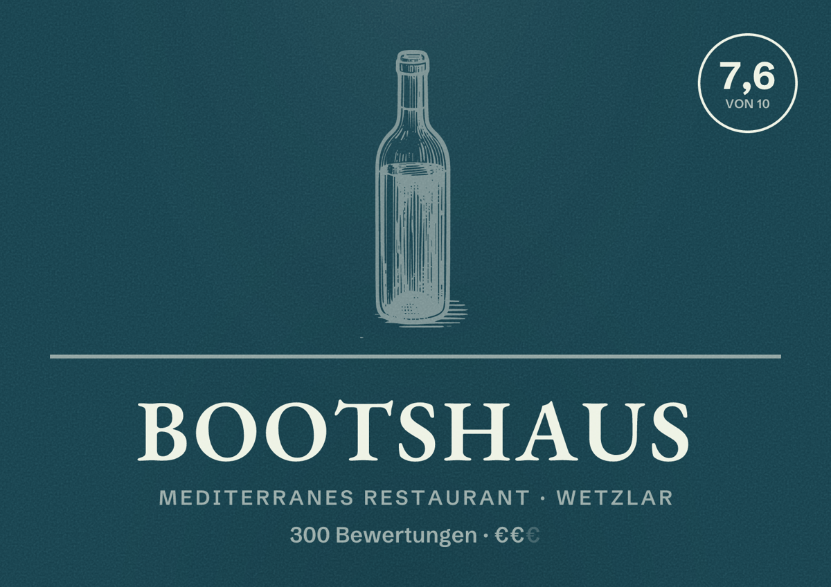 Illustriertes Poster von Bootshaus, Mediterranes Restaurant in Wetzlar: Bewertung 7,6 von 10 aus 300 Bewertungen, Preisniveau €€