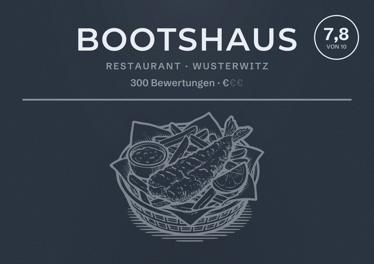 Illustriertes Poster von Bootshaus, Restaurant in Wusterwitz: Bewertung 7,8 von 10 aus 300 Bewertungen, Preisniveau €