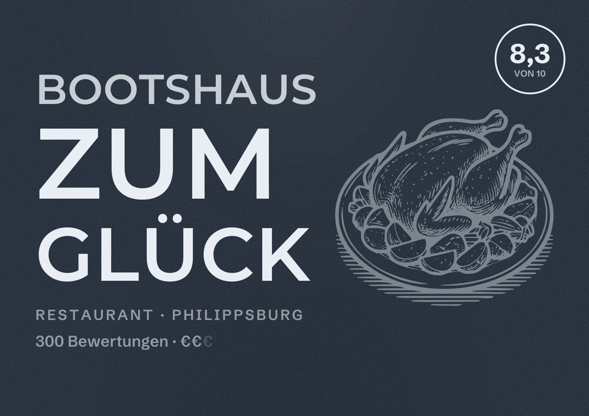 Illustriertes Poster von Bootshaus zum Glück, Restaurant in Philippsburg: Bewertung 8,3 von 10 aus 300 Bewertungen, Preisniveau €€