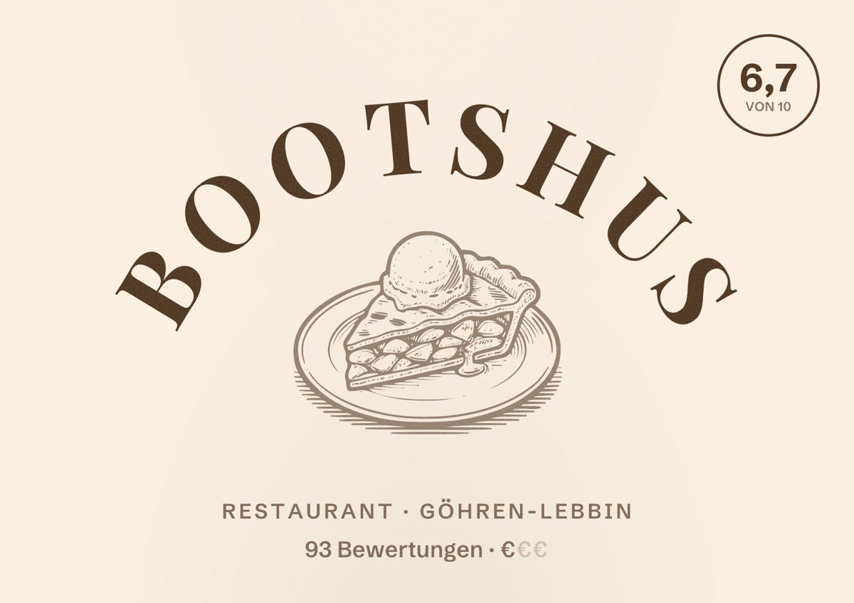 Illustriertes Poster von Bootshus, Restaurant in Göhren-Lebbin: Bewertung 6,7 von 10 aus 93 Bewertungen, Preisniveau €