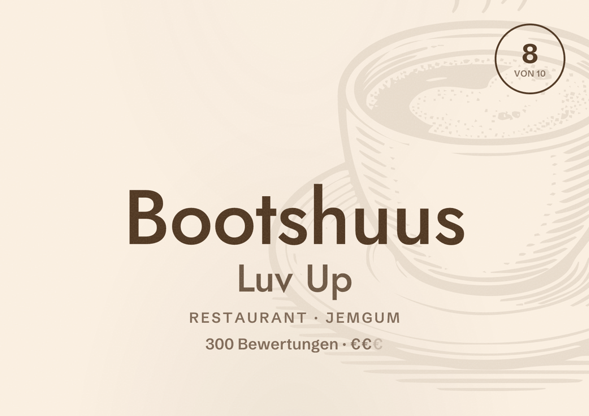 Illustriertes Poster von Bootshuus Luv Up, Restaurant in Jemgum: Bewertung 8 von 10 aus 300 Bewertungen, Preisniveau €€
