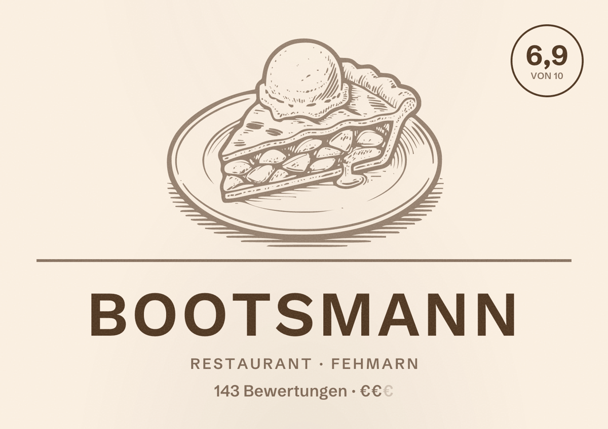 Illustriertes Poster von Bootsmann, Restaurant in Fehmarn: Bewertung 6,9 von 10 aus 143 Bewertungen, Preisniveau €€