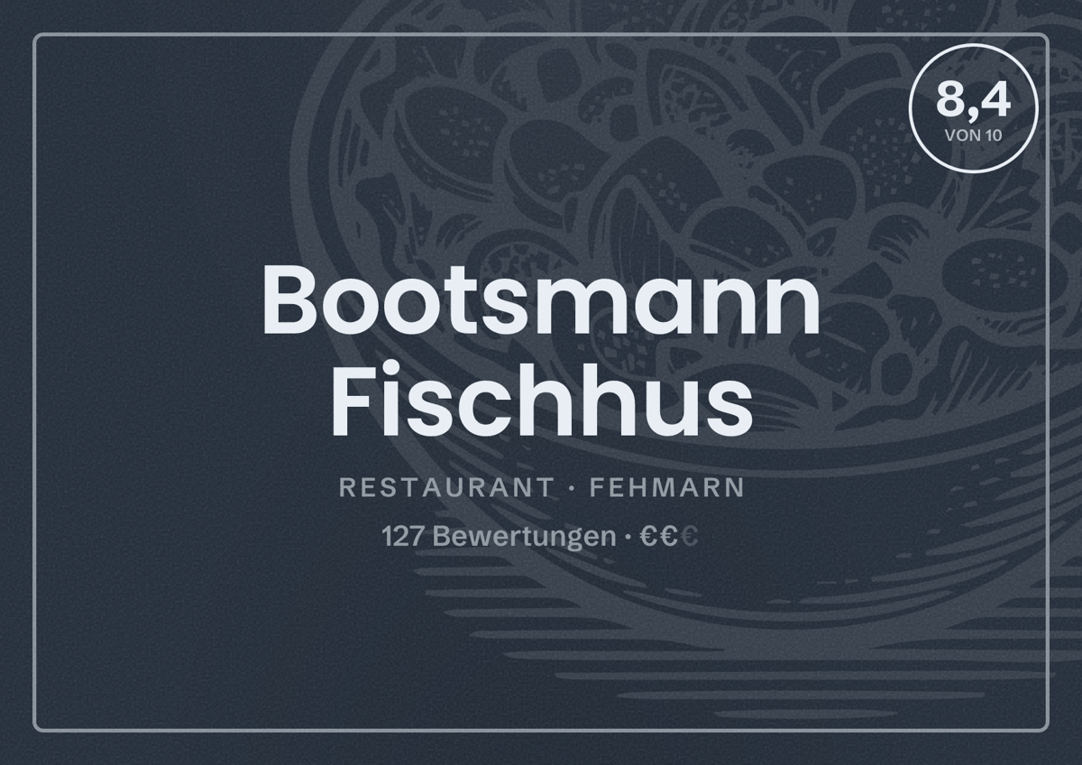 Illustriertes Poster von Bootsmann Fischhus, Restaurant in Fehmarn: Bewertung 8,4 von 10 aus 127 Bewertungen, Preisniveau €€