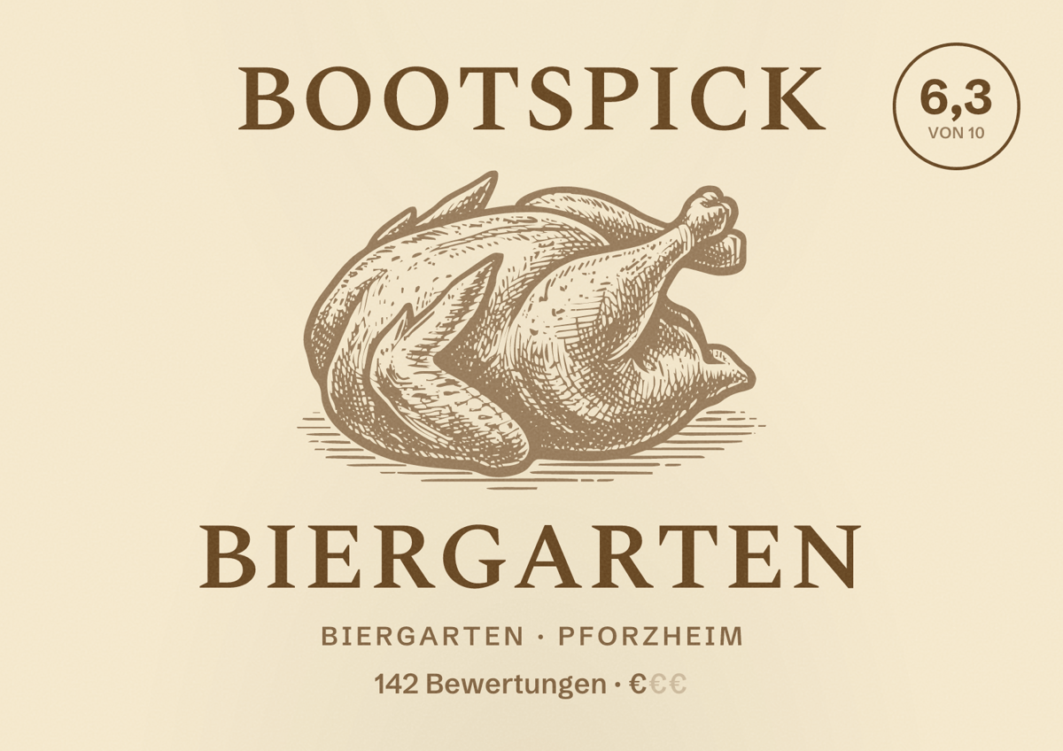 Illustriertes Poster von Bootspick Biergarten, Biergarten in Pforzheim: Bewertung 6,3 von 10 aus 142 Bewertungen, Preisniveau €