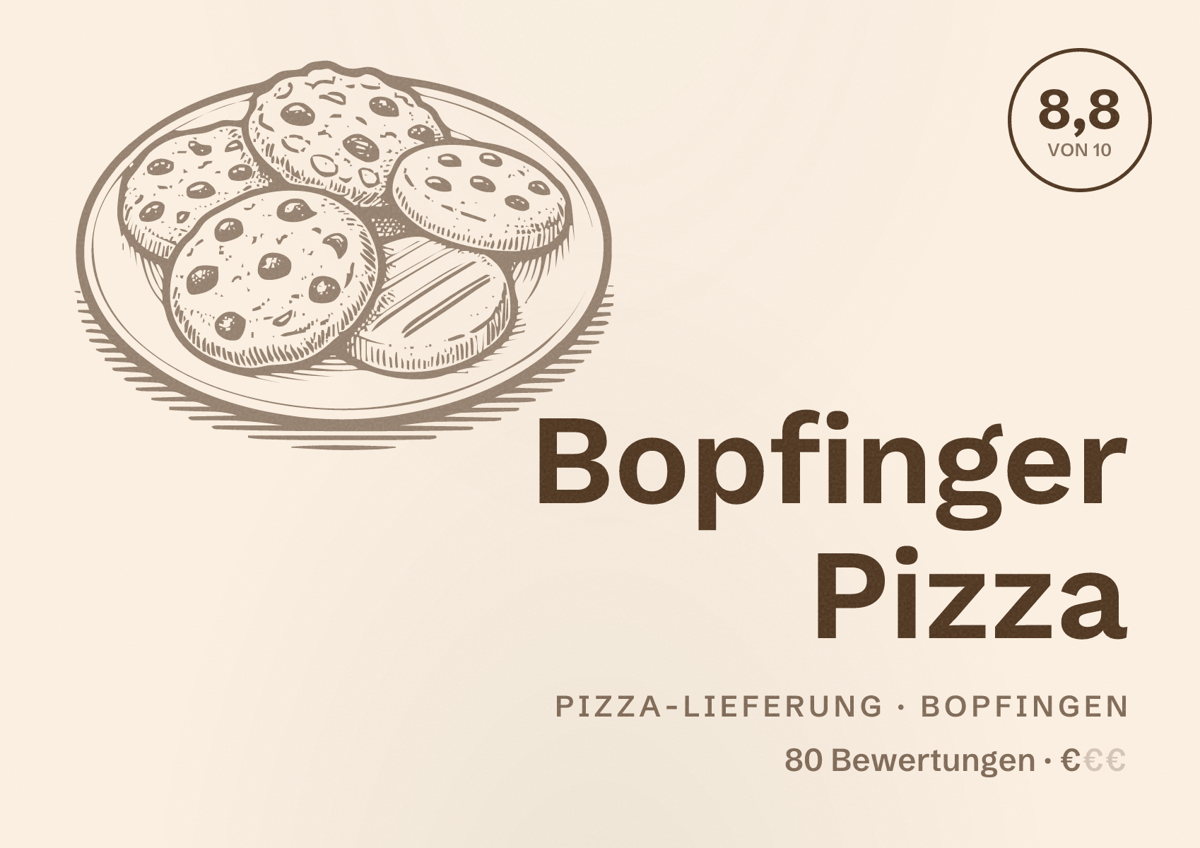 Illustriertes Poster von Bopfinger Pizza, Pizza-Lieferung in Bopfingen: Bewertung 8,8 von 10 aus 80 Bewertungen, Preisniveau €