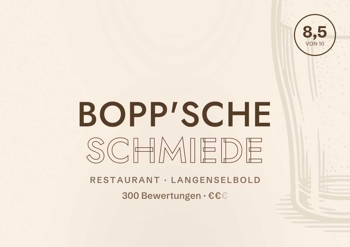 Illustriertes Poster von Bopp'sche Schmiede, Restaurant in Langenselbold: Bewertung 8,5 von 10 aus 300 Bewertungen, Preisniveau €€