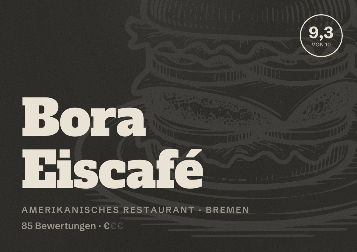 Illustriertes Poster von Bora Eiscafé, Amerikanisches Restaurant in Bremen: Bewertung 9,3 von 10 aus 85 Bewertungen, Preisniveau €