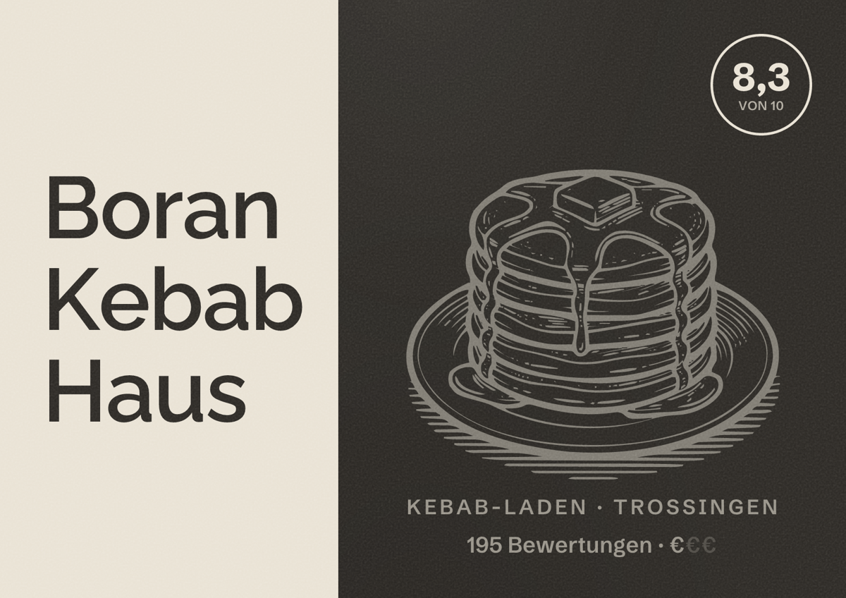 Illustriertes Poster von Boran Kebab Haus, Kebab-Laden in Trossingen: Bewertung 8,3 von 10 aus 195 Bewertungen, Preisniveau €