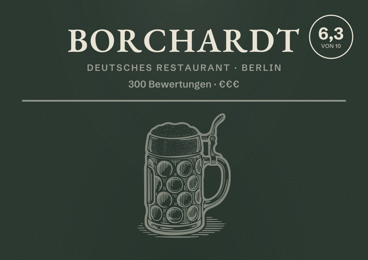 Illustriertes Poster von Borchardt, Deutsches Restaurant in Berlin: Bewertung 6,3 von 10 aus 300 Bewertungen, Preisniveau €€€