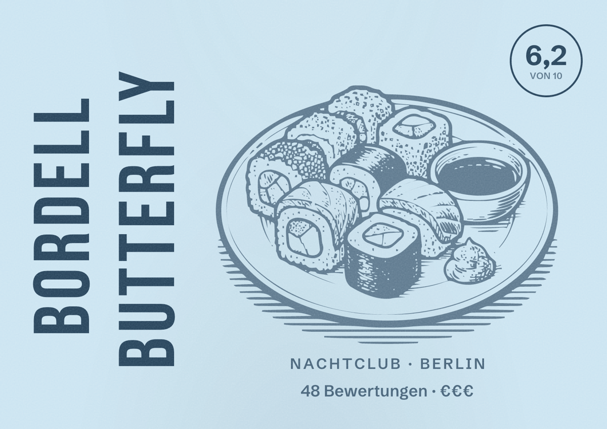 Illustriertes Poster von Bordell Butterfly, Nachtclub in Berlin: Bewertung 6,2 von 10 aus 48 Bewertungen, Preisniveau €€€