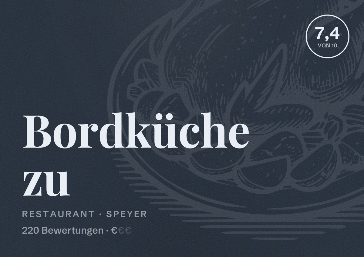 Illustriertes Poster von Bordküche zu, Restaurant in Speyer: Bewertung 7,4 von 10 aus 220 Bewertungen, Preisniveau €