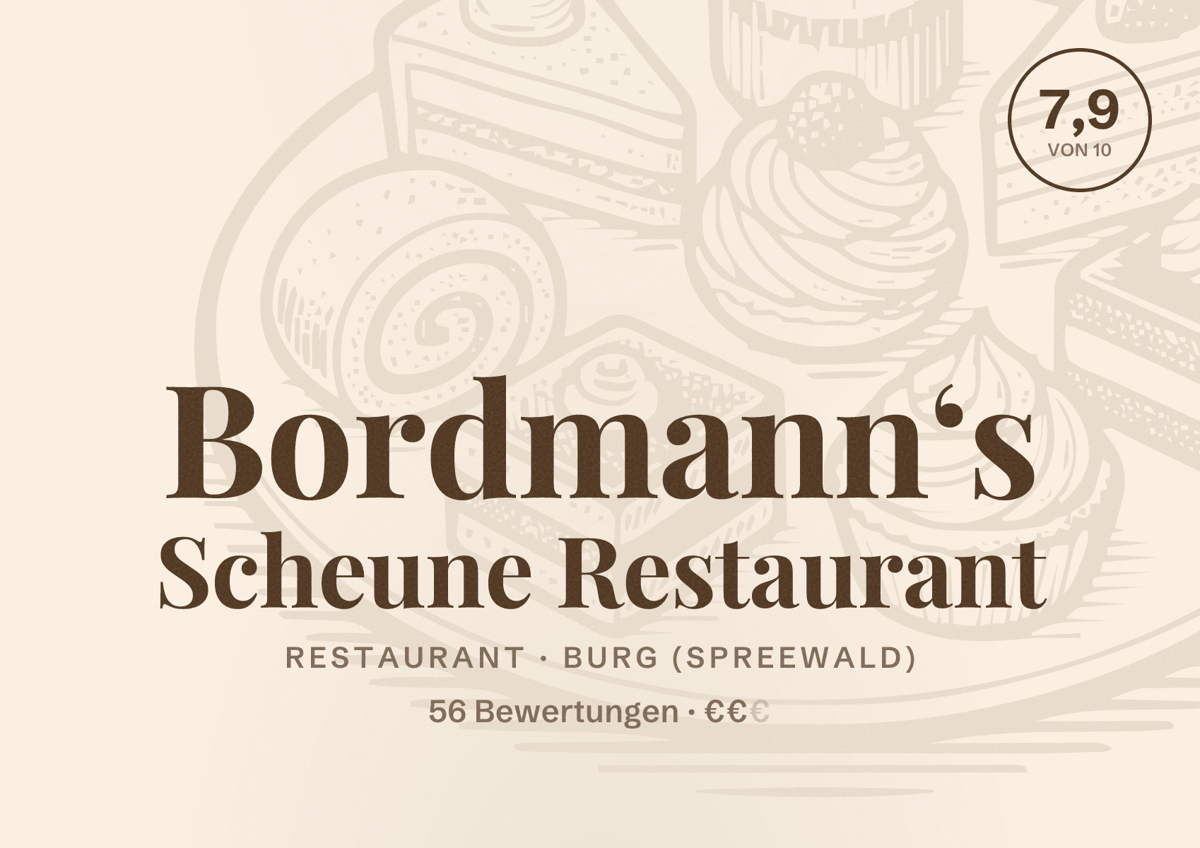 Illustriertes Poster von Bordmann‘s Scheune Restaurant, Restaurant in Burg (Spreewald): Bewertung 7,9 von 10 aus 56 Bewertungen, Preisniveau €€