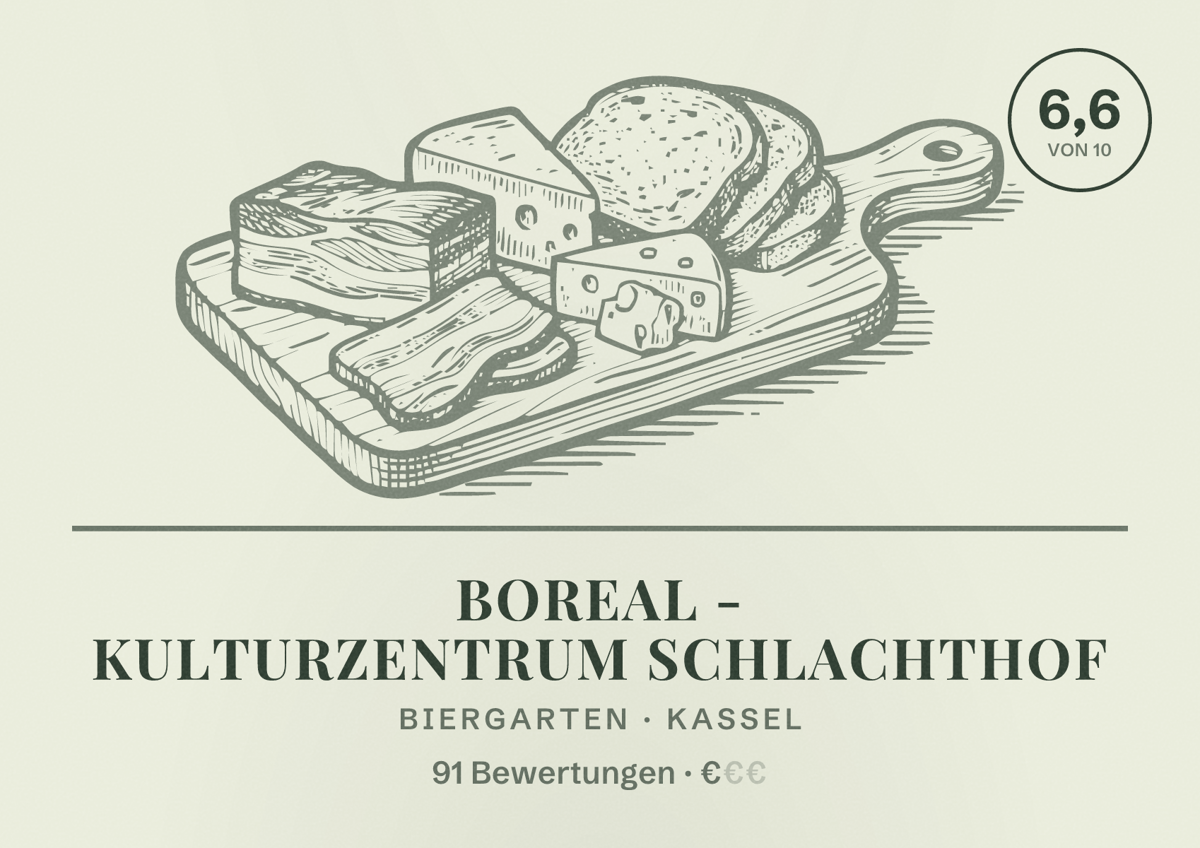 Illustriertes Poster von Boreal - Kulturzentrum Schlachthof, Biergarten in Kassel: Bewertung 6,6 von 10 aus 91 Bewertungen, Preisniveau €