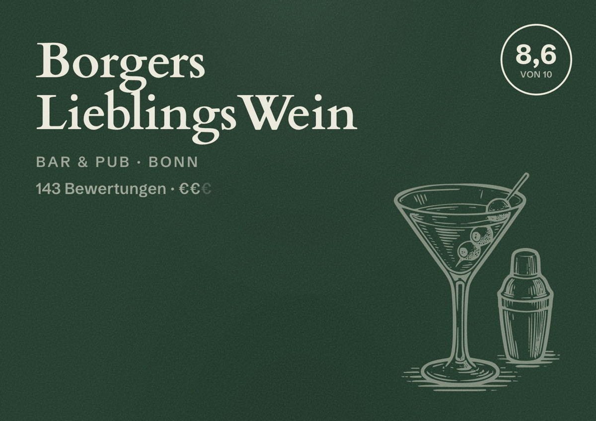 Illustriertes Poster von Borgers LieblingsWein, Bar & Pub in Bonn: Bewertung 8,6 von 10 aus 143 Bewertungen, Preisniveau €€