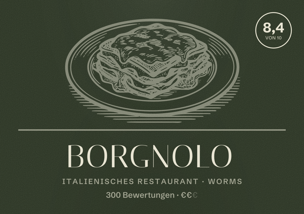 Illustriertes Poster von Borgnolo, Italienisches Restaurant in Worms: Bewertung 8,4 von 10 aus 300 Bewertungen, Preisniveau €€