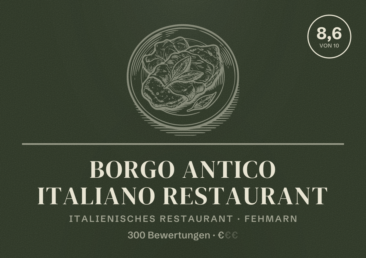 Illustriertes Poster von Borgo Antico Italiano Restaurant, Italienisches Restaurant in Fehmarn: Bewertung 8,6 von 10 aus 300 Bewertungen, Preisniveau €