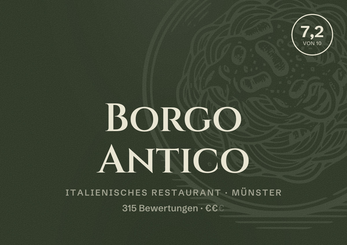 Illustriertes Poster von Borgo Antico, Italienisches Restaurant in Münster: Bewertung 7,2 von 10 aus 315 Bewertungen, Preisniveau €€
