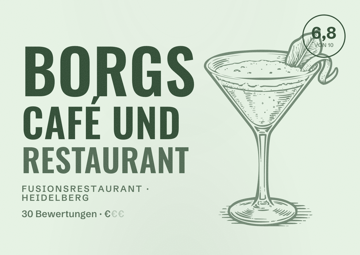 Illustriertes Poster von Borgs Café und Restaurant, Fusionsrestaurant in Heidelberg: Bewertung 6,8 von 10 aus 30 Bewertungen, Preisniveau €