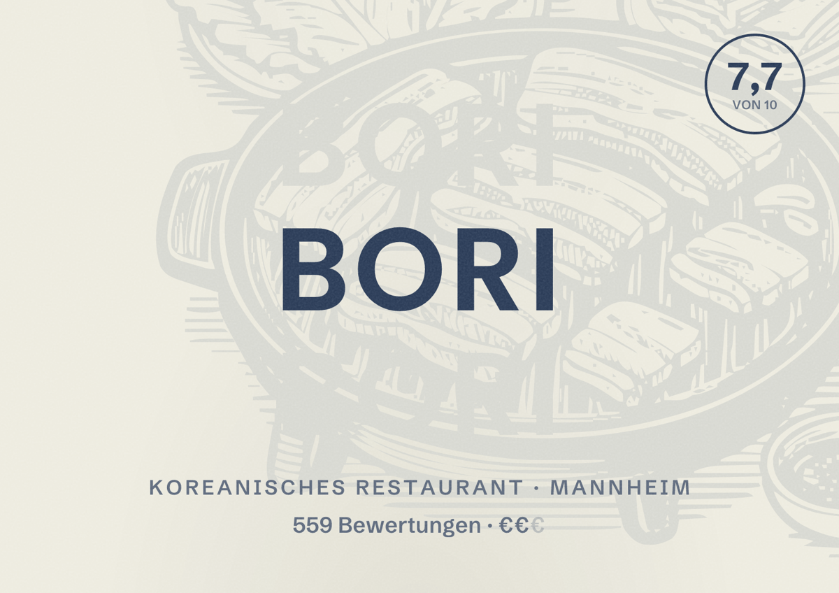 Illustriertes Poster von BORI, Koreanisches Restaurant in Mannheim: Bewertung 7,7 von 10 aus 559 Bewertungen, Preisniveau €€