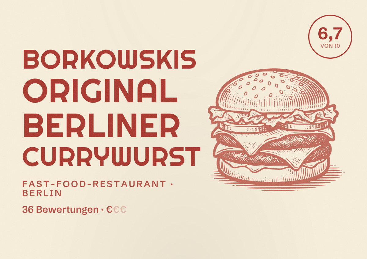 Illustriertes Poster von Borkowskis Original Berliner Currywurst, Fast-Food-Restaurant in Berlin: Bewertung 6,7 von 10 aus 36 Bewertungen, Preisniveau €