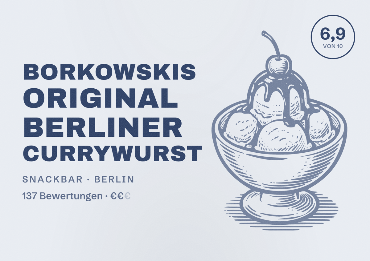 Illustriertes Poster von Borkowskis Original Berliner Currywurst, Snackbar in Berlin: Bewertung 6,9 von 10 aus 137 Bewertungen, Preisniveau €€