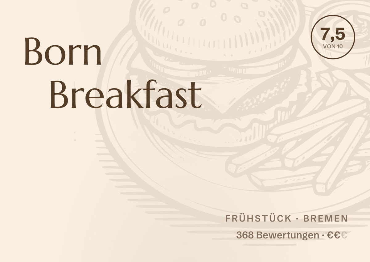 Illustriertes Poster von Born Breakfast, Frühstück in Bremen: Bewertung 7,5 von 10 aus 368 Bewertungen, Preisniveau €€