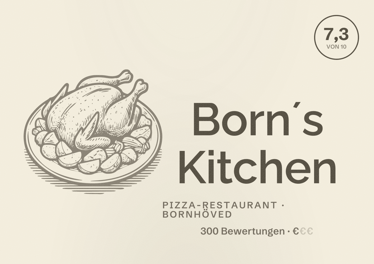 Illustriertes Poster von Born´s Kitchen, Pizza-Restaurant in Bornhöved: Bewertung 7,3 von 10 aus 300 Bewertungen, Preisniveau €