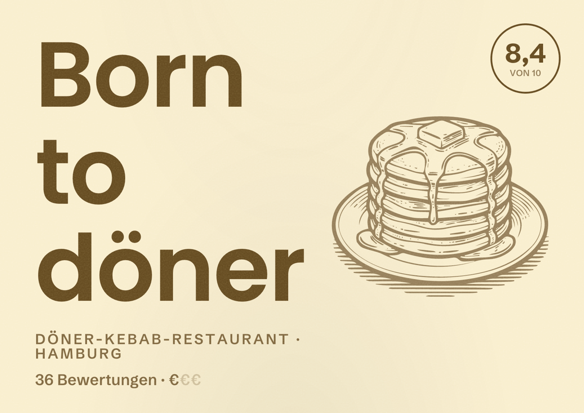 Illustriertes Poster von Born to döner, Döner-Kebab-Restaurant in Hamburg: Bewertung 8,4 von 10 aus 36 Bewertungen, Preisniveau €